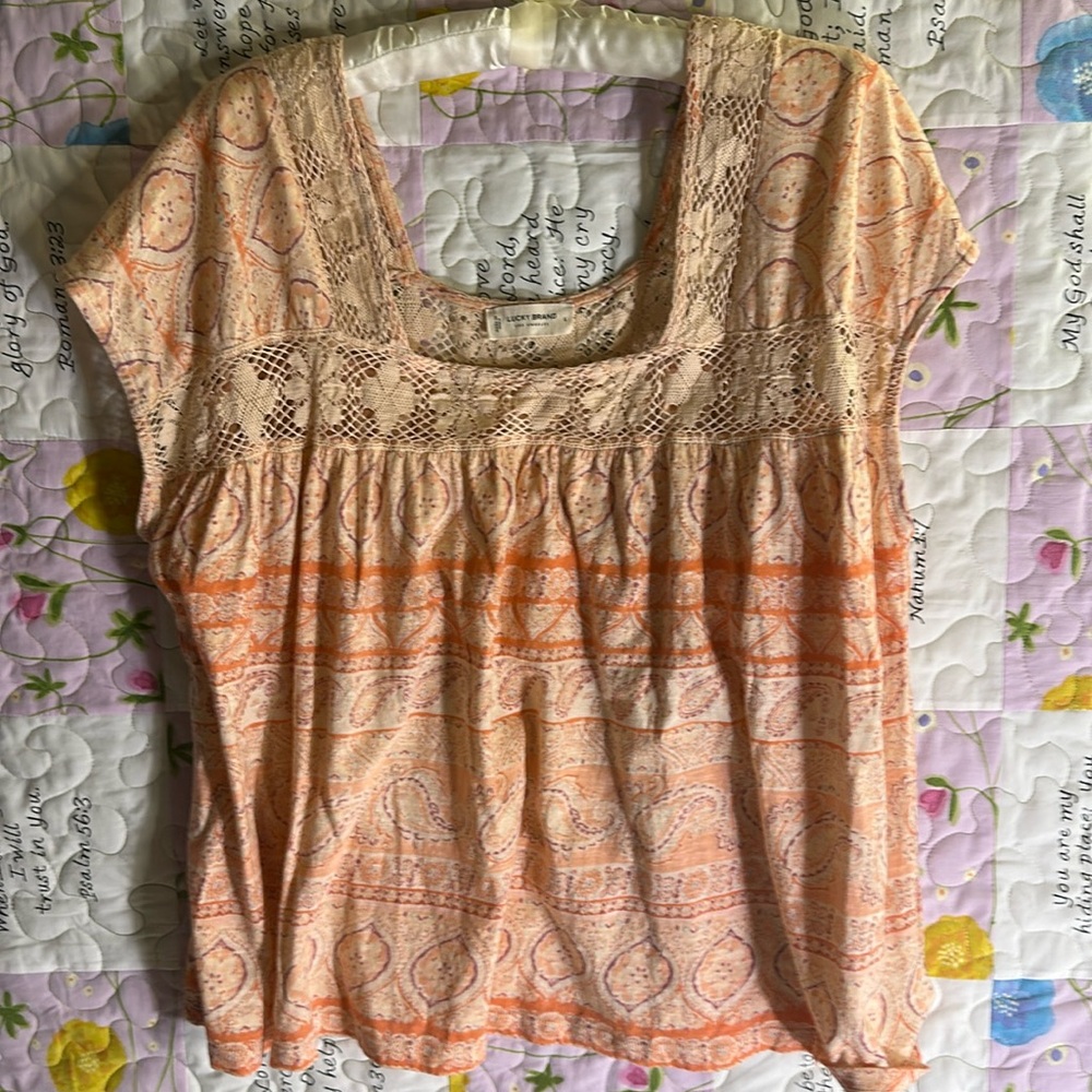 Lucky brand stretch Lacey Boho Top - Orange and Cream L